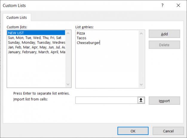 Entri Daftar Kustom Excel