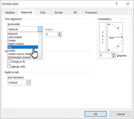 Pilih Isi di bawah kotak dialog Horizontal pada Format Sel di Excel