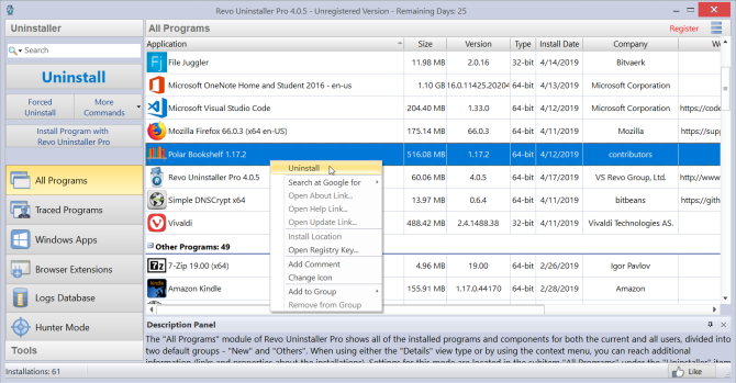 jendela utama aplikasi uninstaller revo