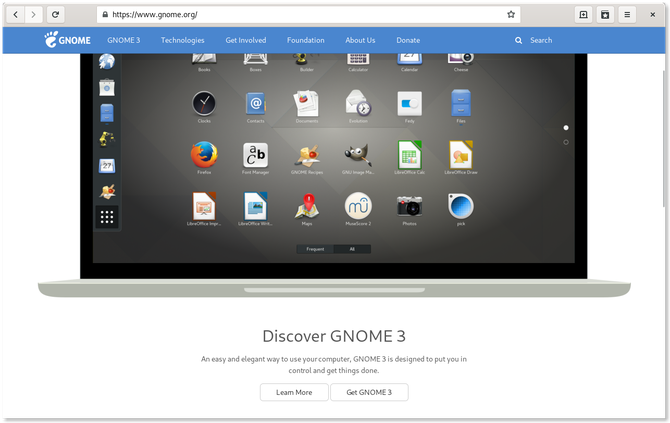 Peramban web GNOME menampilkan laman web GNOME