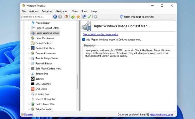 Opsi menu konteks Add Repair Windows Image to Desktop 