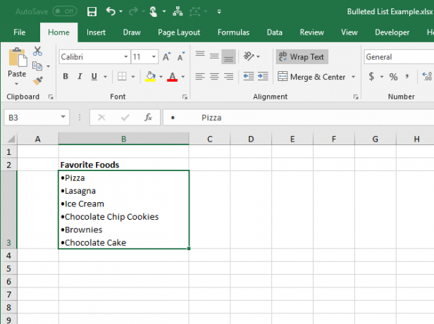 Daftar berpoin disalin dari Word ke sel tunggal di Excel