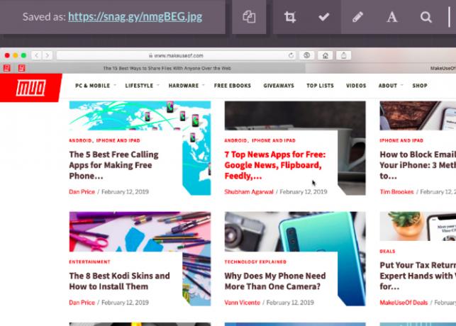 Screenshot beranda MakeUseOf di editor gambar Snaggy