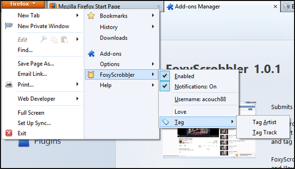 Tingkatkan Pandora Dengan Add-Ons Browser Chrome & Firefox Ini Menu FoxyScrobbler