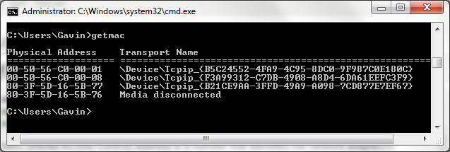 Command Prompt getmac command