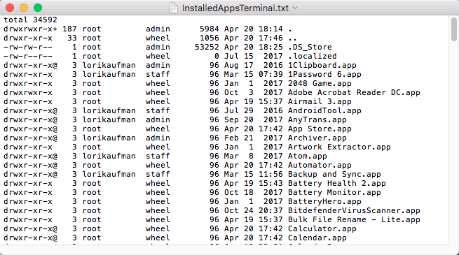 Daftar aplikasi yang diinstal dari folder Aplikasi menggunakan Terminal