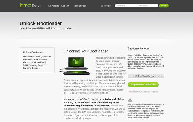 Situs web HTC untuk membuka kunci bootloader