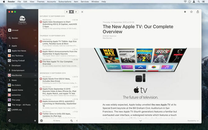 Antarmuka pembaca RSS Reeder di Mac