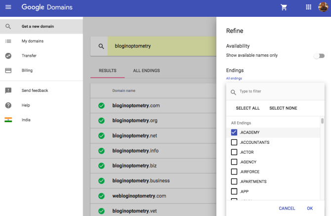 filter pencarian domain Anda di Google Domains