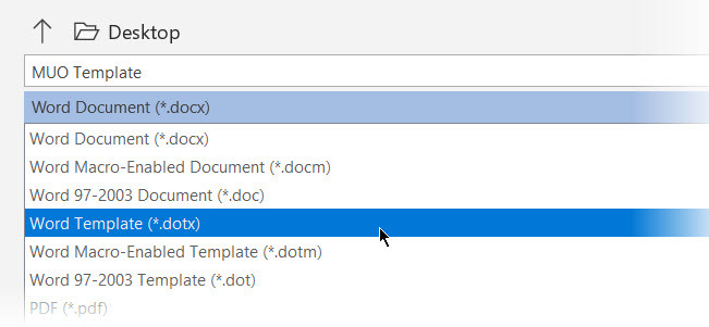 Opsi penyimpanan file untuk format Template Dokumen