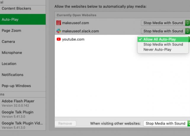 menyesuaikan pengaturan putar otomatis untuk YouTube dalam preferensi Safari di Mac