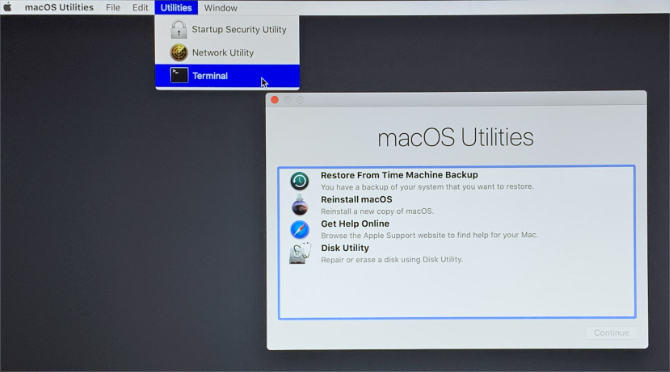 Mode Pemulihan macOS menampilkan Terminal di bilah menu