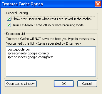 Opsi cache area teks