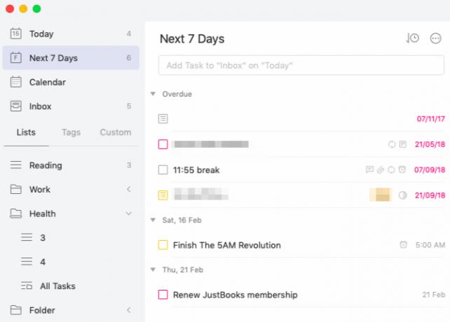 ikhtisar mingguan di aplikasi TickTick task manager di macOS