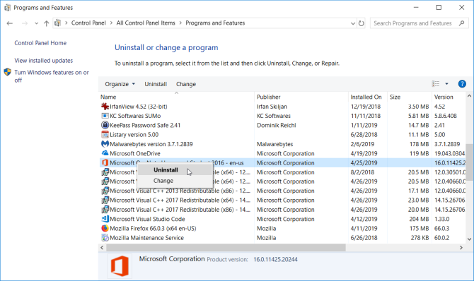 uninstall microsoft office dari Control Panel