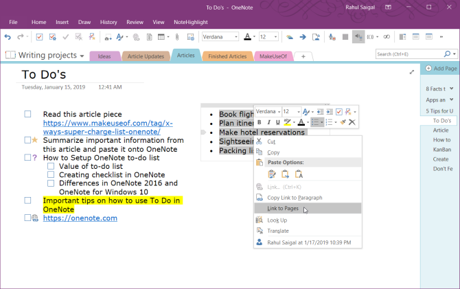 tautan ke halaman di OneNote 2016