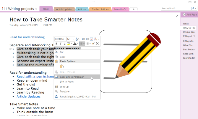 salin tautan ke paragraf di OneNote