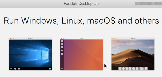 Layar pembuka di Parallels Desktop Lite di macOS