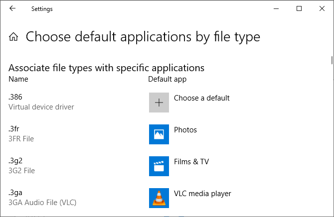 Windows 10 memilih aplikasi default berdasarkan jenis file