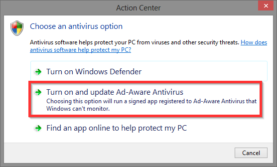 10 Windows Action Center - Pilih opsi antivirus